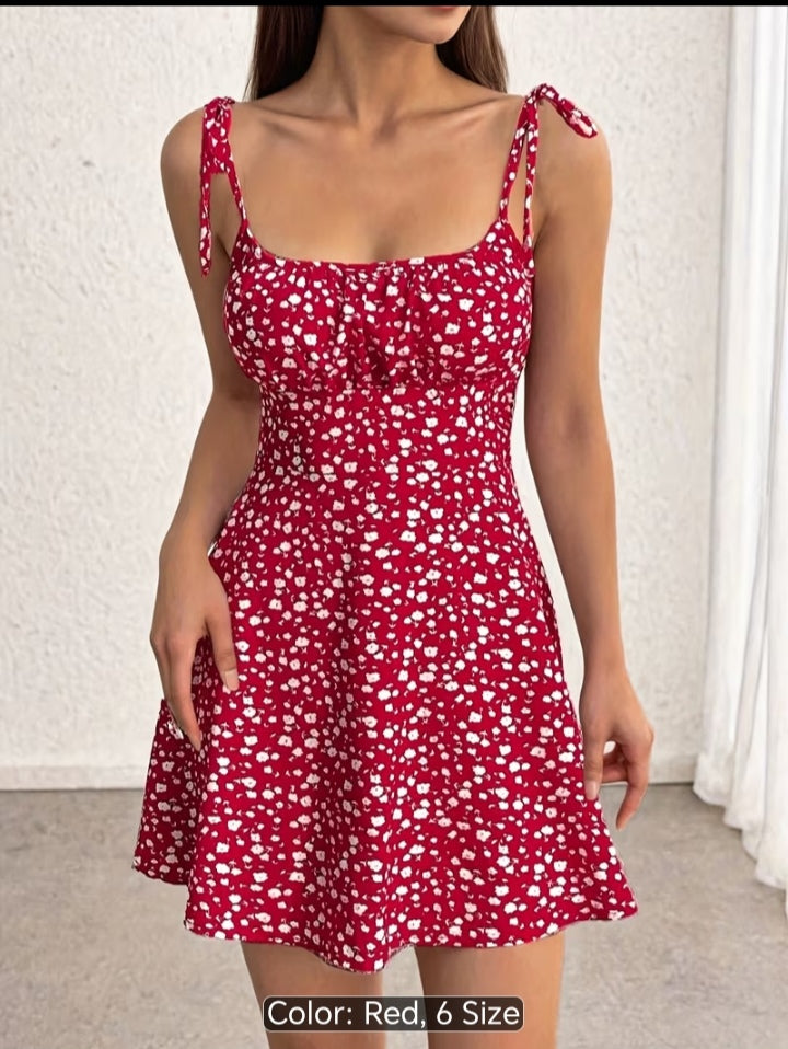 Women’s Floral Print Tie-Shoulder Mini Dress – Fitted Flare Summer Dress
