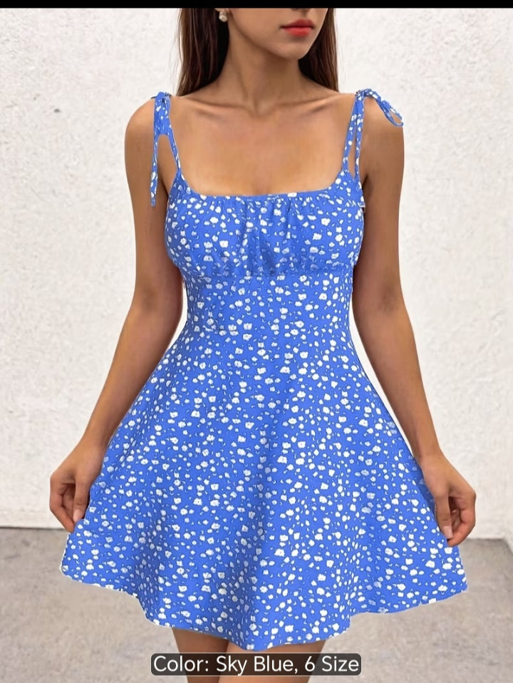 Women’s Floral Print Tie-Shoulder Mini Dress – Fitted Flare Summer Dress