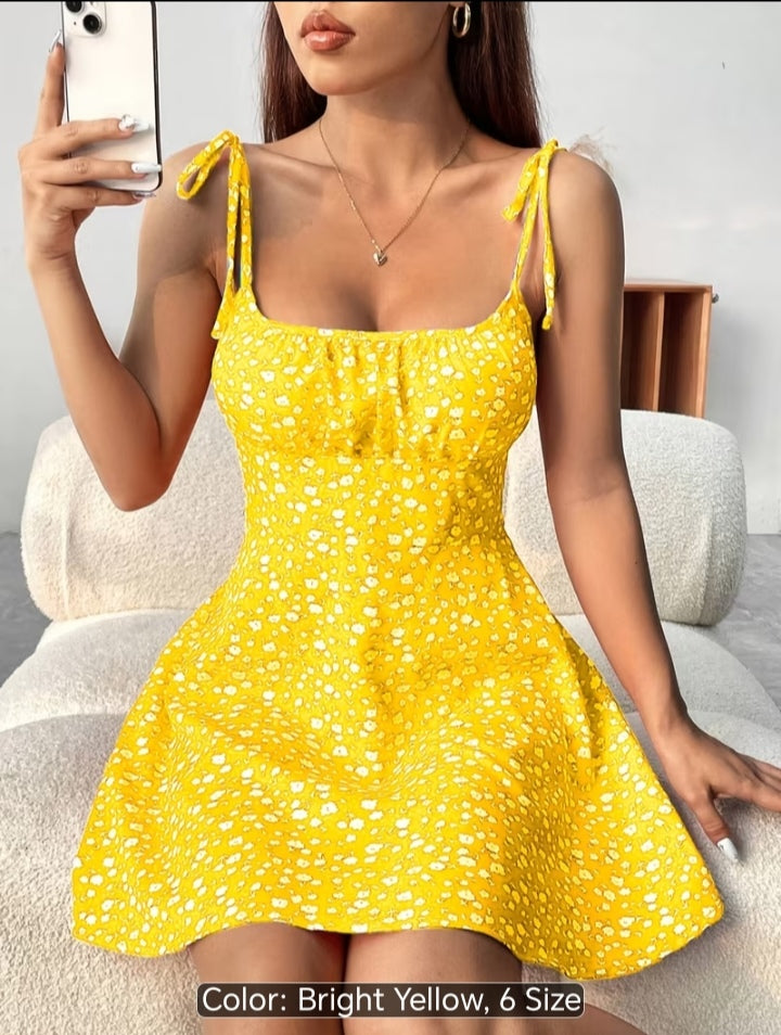 Women’s Floral Print Tie-Shoulder Mini Dress – Fitted Flare Summer Dress