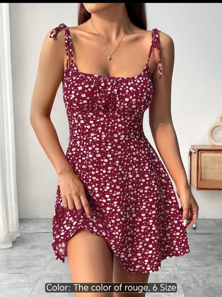 Women’s Floral Print Tie-Shoulder Mini Dress – Fitted Flare Summer Dress