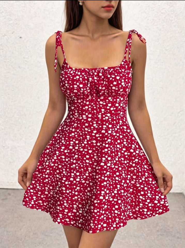 Women’s Floral Print Tie-Shoulder Mini Dress – Fitted Flare Summer Dress